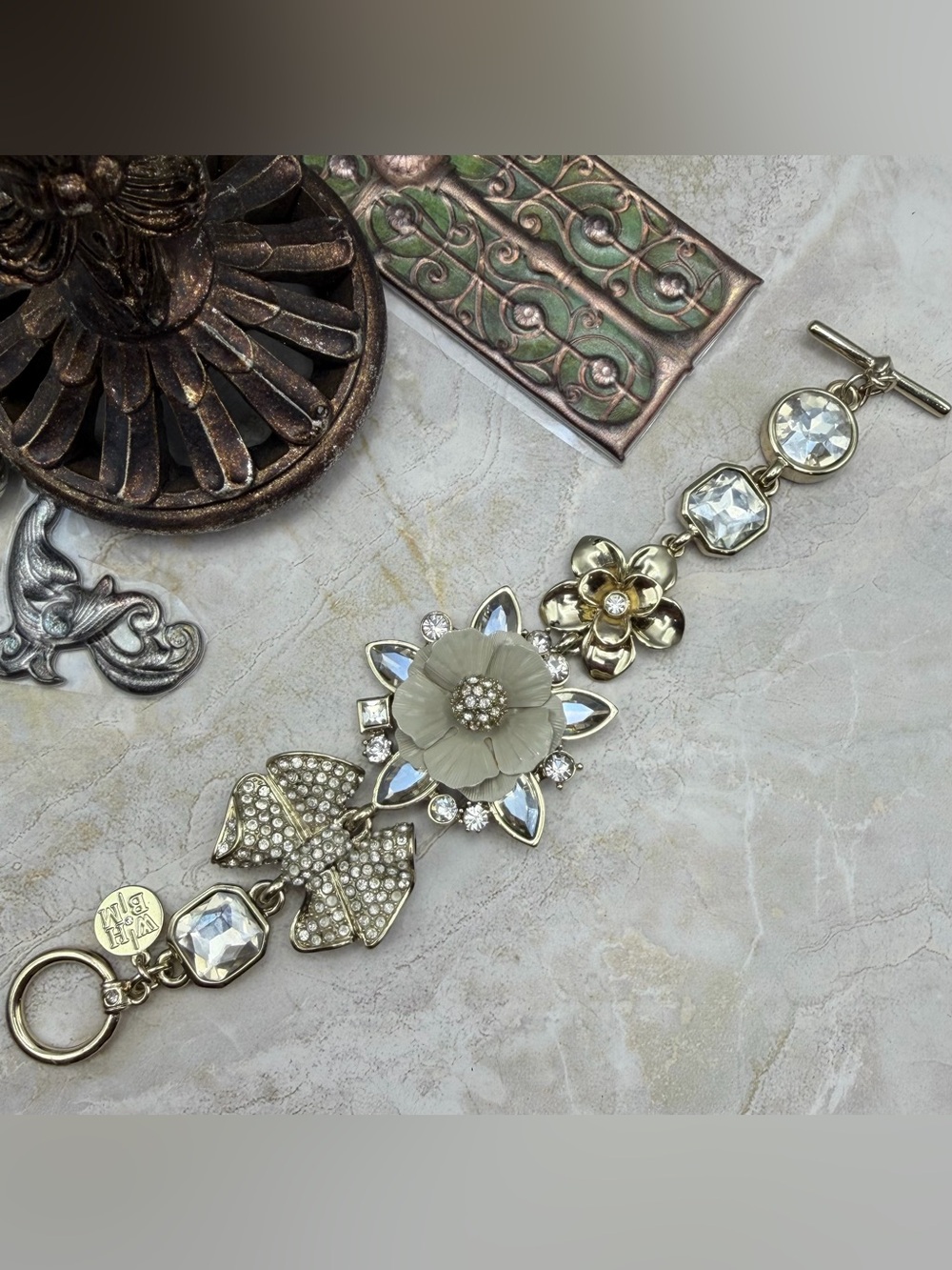White House Black Market Gold-Tone Floral Crystal Bracelet